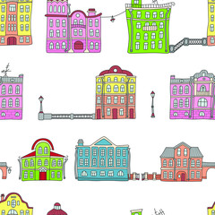 Buildings in the old town. Colorful. Seamless pattern in doodle and cartoon style. Vector