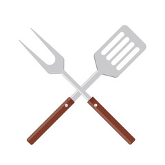 BBQ or grill tools icon. Crossed barbecue fork with spatula. Symbol Template Logo. Vector illustration flat design. Isolated on white background.