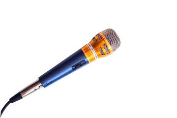Blue mic with golden border, white backdrop
