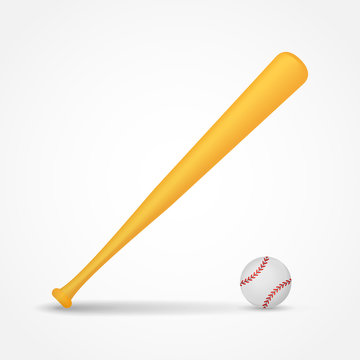 Wooden baseball bat and ball isolated on white background. Vector illustration.