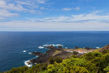 Fotobehang Aerial view on the thermal bath facilities of Ponta da Ferraria in Azores, Portugal. Picturesque view of the coastline of volcanic rocks of Sao Miguel Island and horizon over the Atlantic Ocean © avmedved