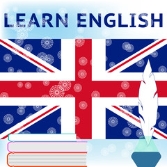 Learn English card with winter snowfall background. An Inkwell, a quill and UK flag. Education concept. Vector