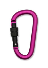 Matte pink metal aluminum snap hook isolated on white background.