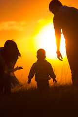 Fototapeta na wymiar Parents - woman and man with a baby playing in summer sunset meadow - silhouette