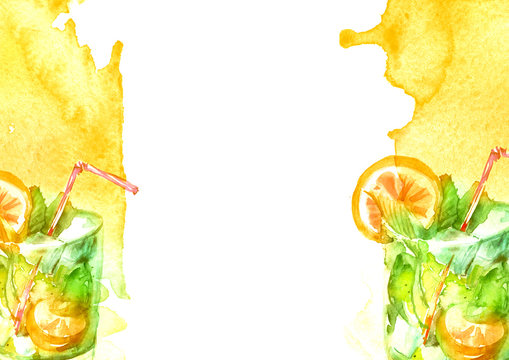 Watercolor drawing - cocktail of fruits, circe, orange, grapefruit, mint, ice. Cool drink with ice. Watercolor card, greeting card of green, yellow, abstract spot. Splash, bright streaks of paint. 