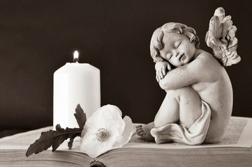 Angel guardian sleeping on the book. Angel, white candle and flower on the book