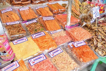 Packaged Seafoods for Sale at Ban Phe Fish Market in Rayong