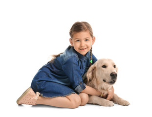 Cute little child with his pet on white background