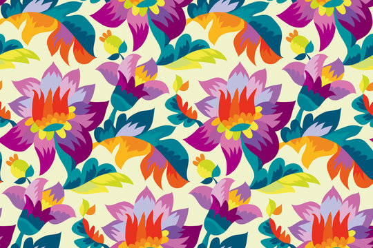 Bright color folk style floral seamless pattern.