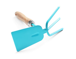New rake hoe on white background. Professional gardening tool