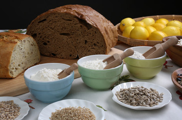 Ingredients for whole grain healthy bread, whole wheat flour