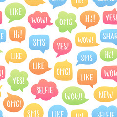 Vector seamless pattern of color speech bubbles with popular social media phrases: selfie, like, wow, sms, hi etc. Modern background. Communication, chat, dialog, gadgets, social media concept