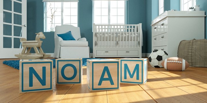 The name noam written with wooden toy cubes in children's room