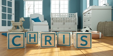 The name chris written with wooden toy cubes in children's room