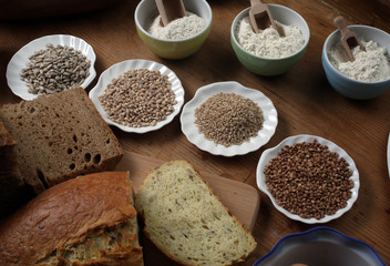 Ingredients for whole grain healthy bread, whole wheat flour