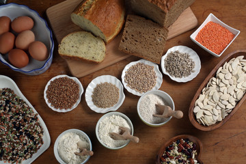 Ingredients for whole grain healthy bread, whole wheat flour