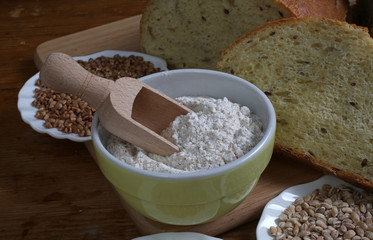 Ingredients for whole grain healthy bread, whole wheat flour