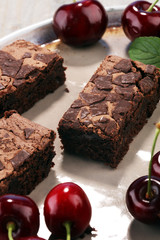 homemade chocolate brownies on rustic table. brownie bakery.