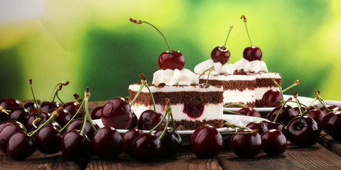 Chocolate cake with cherries and whipped cream. Black Forest cake