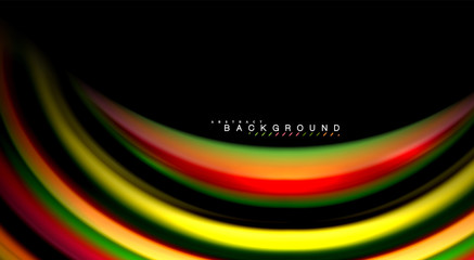 Abstract wave lines fluid rainbow style color stripes on black background. Artistic illustration for presentation, app wallpaper, banner or poster