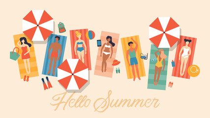 Summer vacation banner design with small people characters tanning on beach