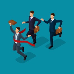 Trendy isometric people, 3d businessmen, running, competition, being first, getting a prize, young entrepreneurs with a briefcase isolated on a blue background