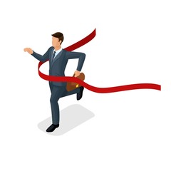 Trendy Isometric people, 3d businessmen, Movement running, competition, being first, success, young businessman, victory isolated on white background