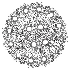 Adult coloring page with flowers pattern. Black and white doodle wreath. Floral mandala. Bouquet line art vector illustration isolated on white background. Round design element