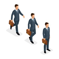 Trendy isometric vector people, 3d businessmen, Motion run, fast step, idea, stands, young businessman with briefcase isolated on white background