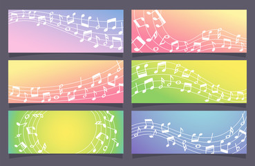 Stave with music notes banner collection. Colorful gradient web banners. Vector illustration.