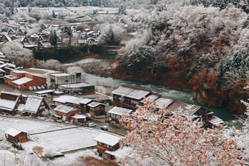 Shirakawa village in late november autumn to winter season