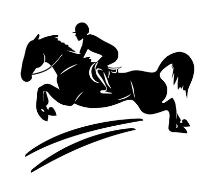 Equestrian sport. A logo of a rider on a horse jumping over an obstacle.