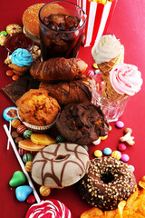 Unhealthy products. food bad for figure, skin, heart and teeth.