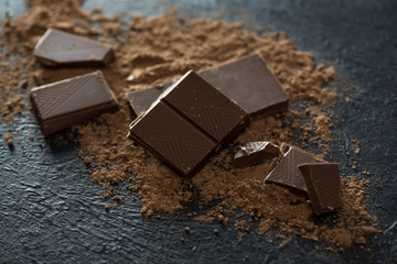 Chocolate pieces and cocoa powder