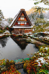 Shirakawa village in late november autumn to winter season