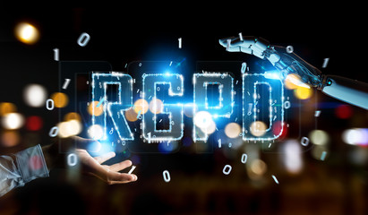 White cyborg hand using digital GDPR interface 3D rendering