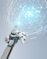 White robot hand using digital triangle exploding sphere hologram 3D rendering