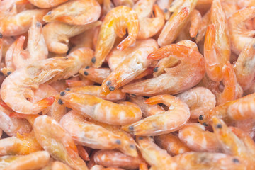 Frozen shrimps in ice. A lot of royal shrimp close-up.