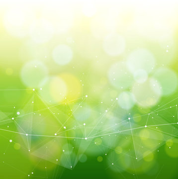 eco conceptual background - green bokeh and white structure in the form of waves from points connected by lines & triangles / illustration for eco friendly design & modern innovations / vector - eps10