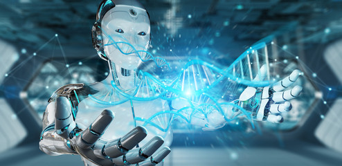 White woman cyborg scanning human DNA 3D rendering