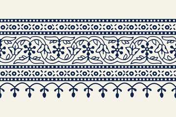 Woodblock drukowane barwnik indygo bezszwowe etniczne kwiatowy geometryczne obramowanie. Tradycyjny orientalny ornament Indii Kaszmiru, falowane kwiaty i motyw arkadowy, granatowy na tle ecru. Projektowanie tkanin. - 207547755