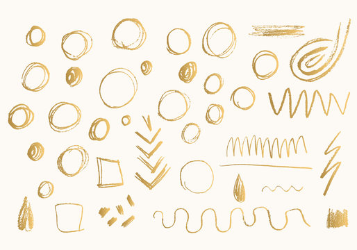 Set Of Gold Hand Drawn Doodle Pencil Scribbles. Handmade Texture.