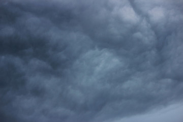 A stormy summer cloud of dark blue color carries a heavy downpour.