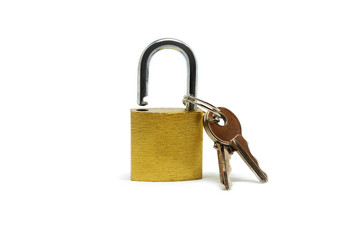 the golden padlock and bunch of keys on the white isolated background   