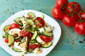 Vegetable salad with egg. Vegetarian lunch.