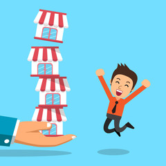 Vector cartoon hand with franchise business concept and businessman for design.