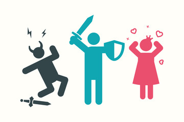 Fairytale Victory Concept. Young Hero Knight Man with Shield and Sword Saves Princess in Love from Dark Enemy Horns. Minimal Color Flat Line Outline Stroke Icon.