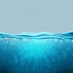Obraz premium Transparent podwodny niebieski ocean transparent. Wektorowa ilustracja z głęboką podwodną denną sceną. Tło zz powierzchni wody horyzontu.