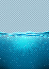 Fototapeta premium Transparent podwodny niebieski ocean pionowy baner. Wektorowa ilustracja z głęboką podwodną denną sceną. Tło zz powierzchni wody horyzontu.