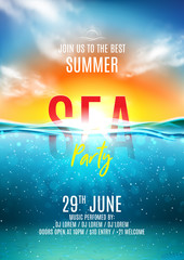 Summer sea party poster. Vector illustration with deep underwater ocean scene. Background with realistic clouds and sunset. Invitation to nightclub.